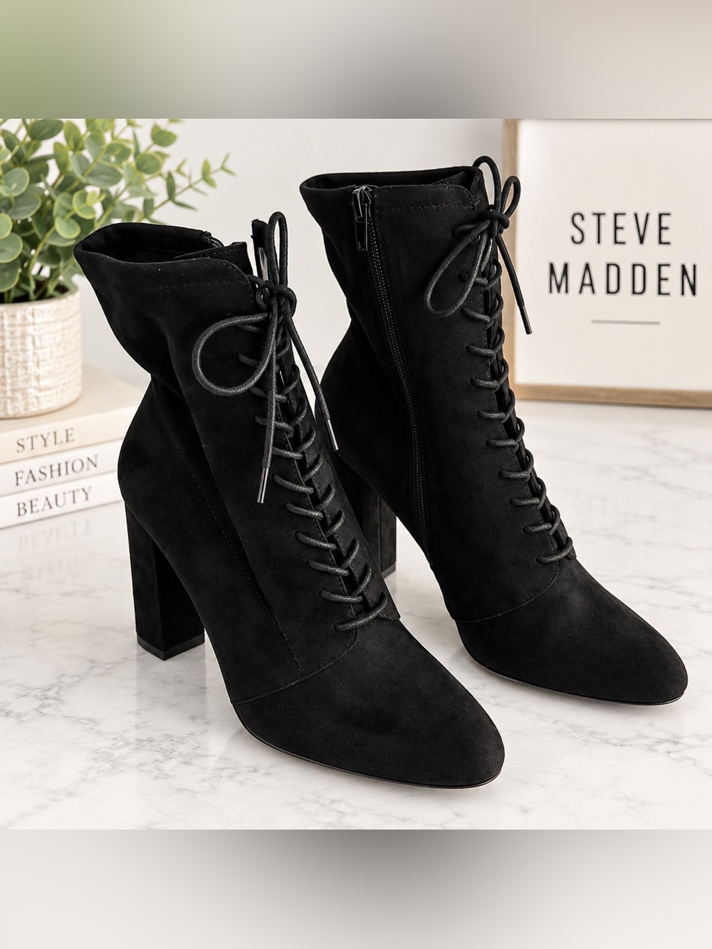 Steve Madden Elley Black Suede Lace-Up Block Heel Booties Size 10 NWOB.